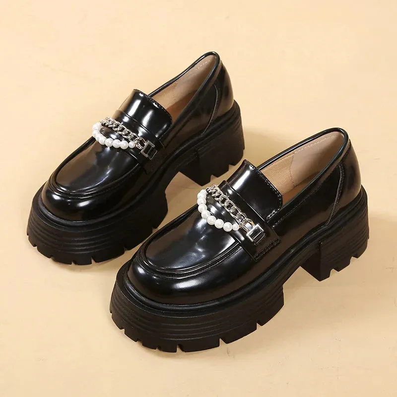 binfenxie Platform Loafers Female Shoes Women Fashion Mary Janes Round Toe Loafers Oxfords Platform Casual chain Ladies Heels Mary Janes