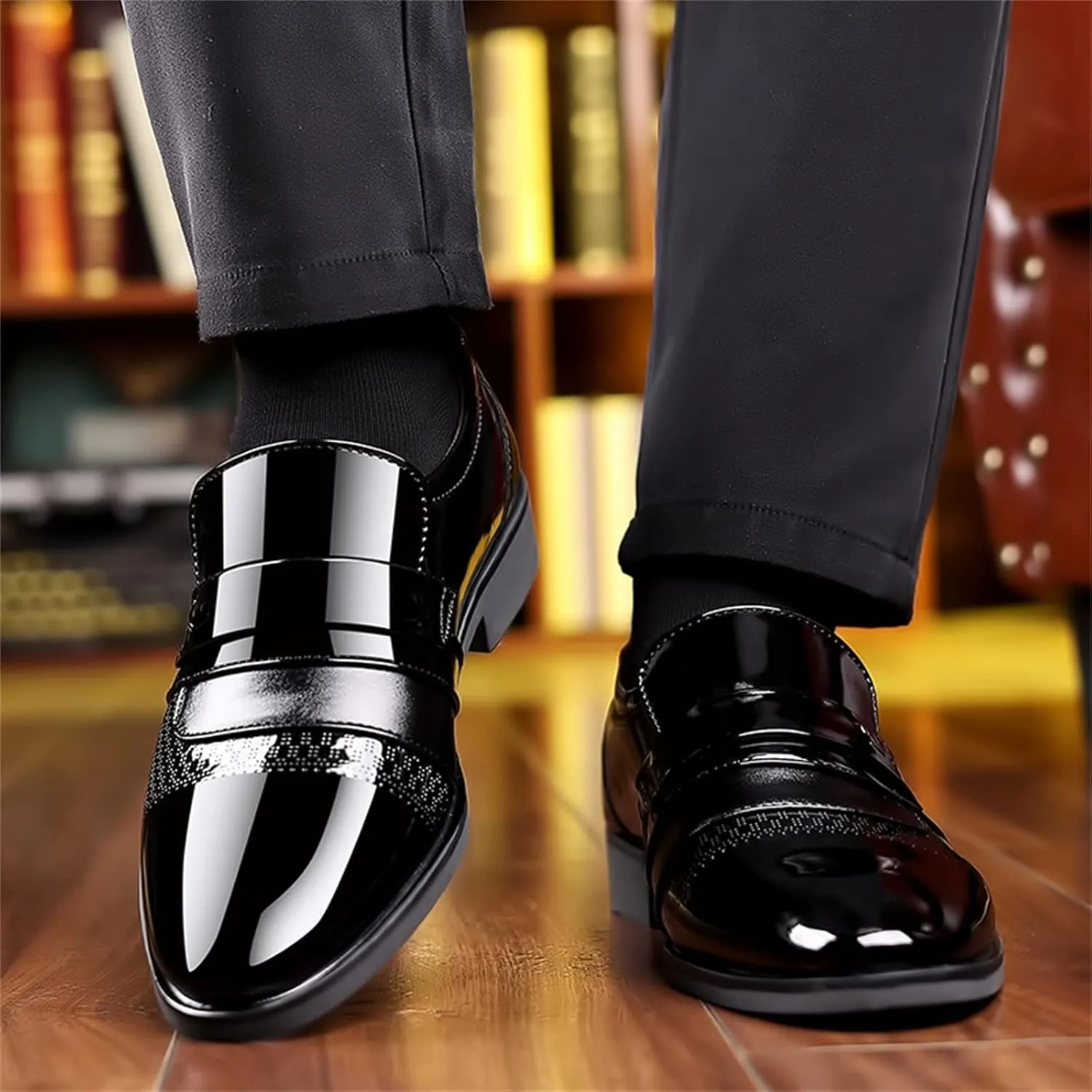 Black Dress Shoes Men Business Leather Shoes for Men Casual Dress Shoes Slip On British Business Shoe Pointed Toe Formal Dress Shoes