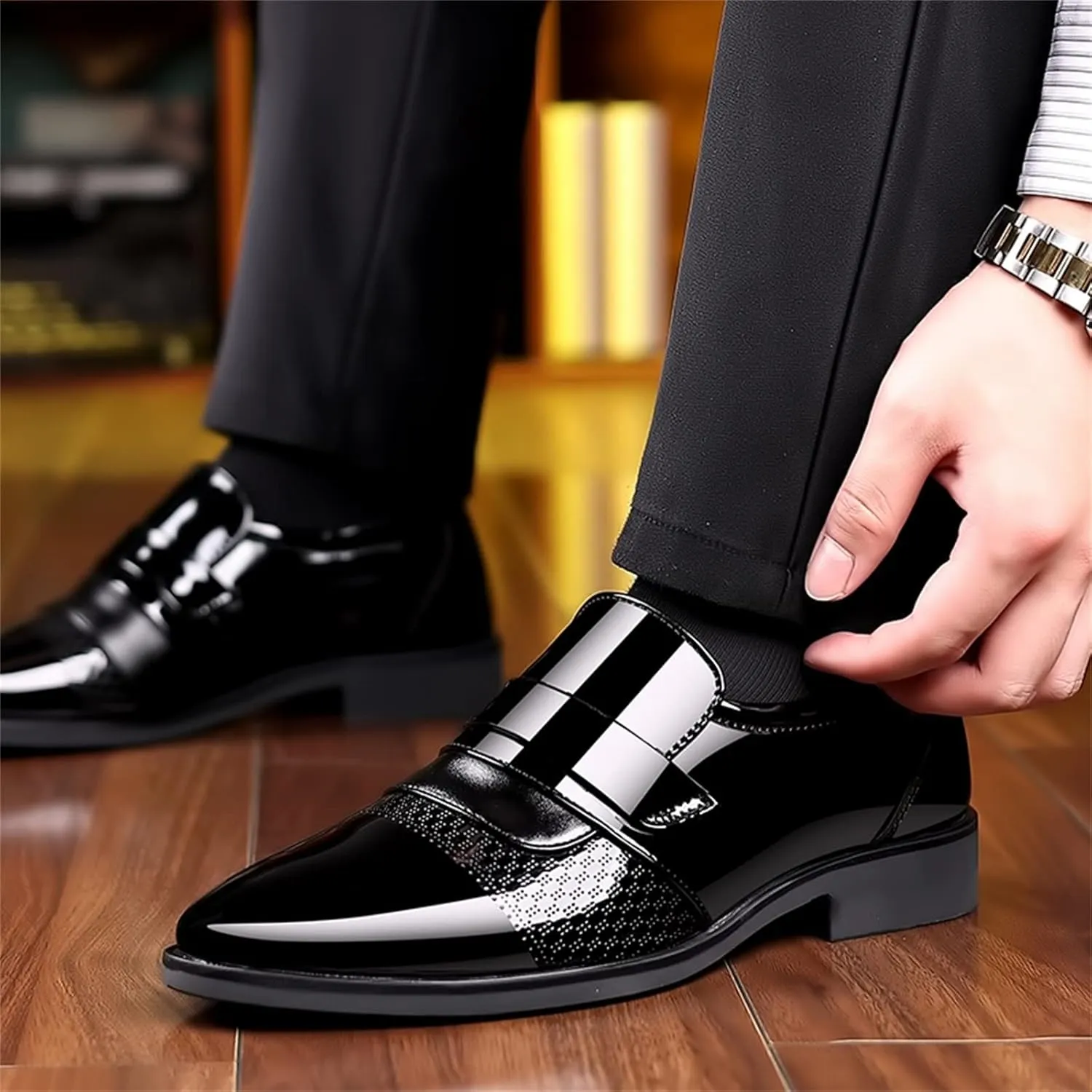 Black Dress Shoes Men Business Leather Shoes for Men Casual Dress Shoes Slip On British Business Shoe Pointed Toe Formal Dress Shoes