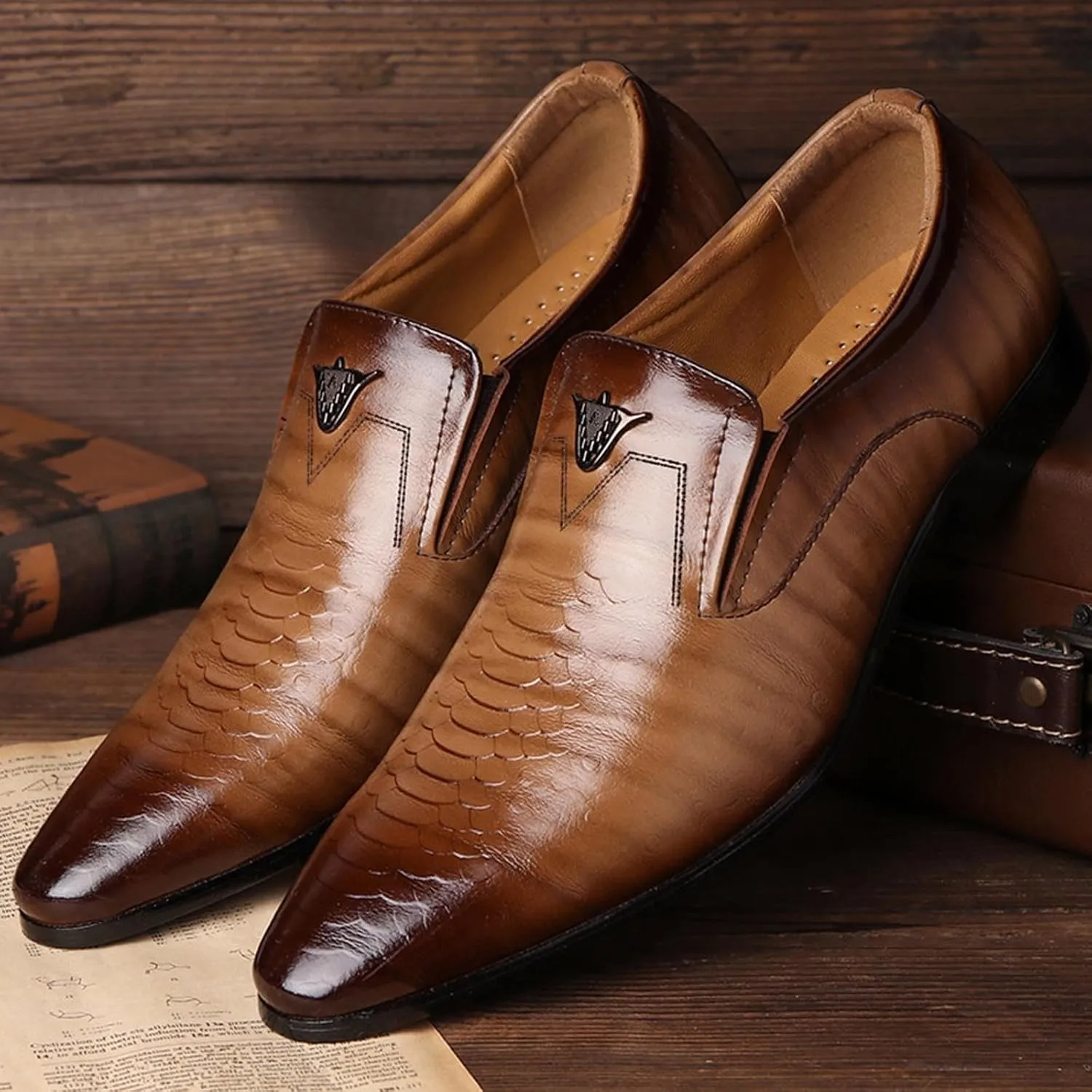 Black Dress Shoes Men Slip On Black British Business Shoe Pointed Toe Formal Leather Shoes Wedding Shoes for A Suit Modern Dress Shoes