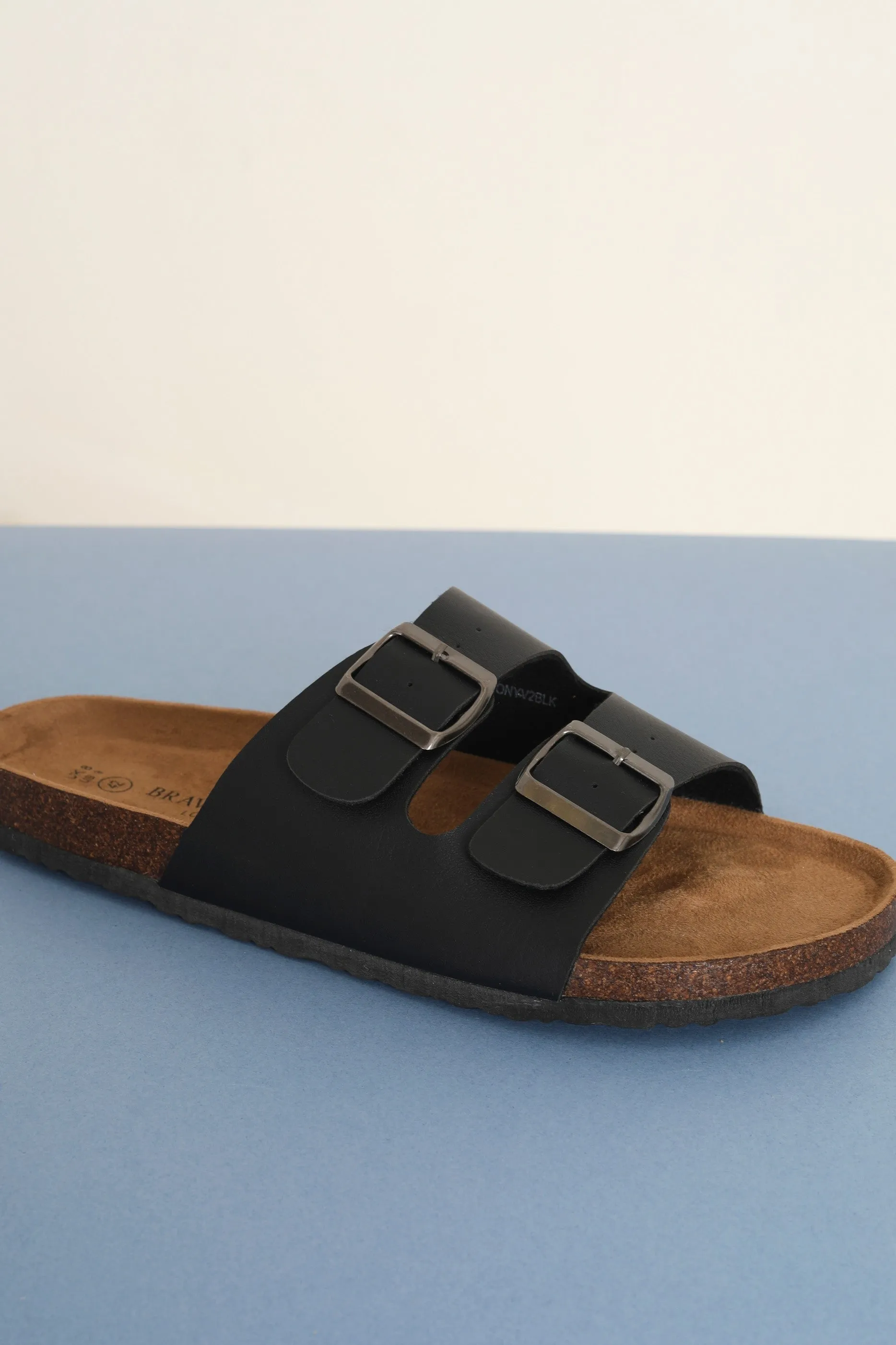 BLACK FAUX LEATHER BUCKLE STRAP CORK SANDAL