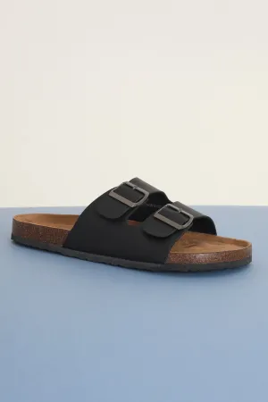 BLACK FAUX LEATHER BUCKLE STRAP CORK SANDAL