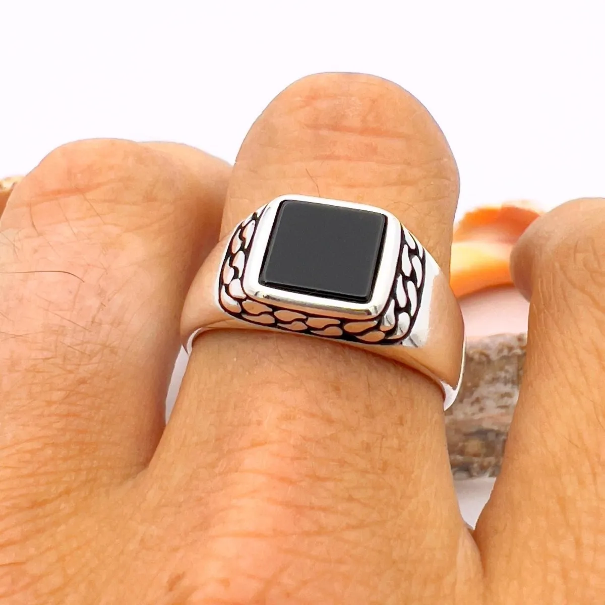 Black Onyx Squared Stone Men's Ring