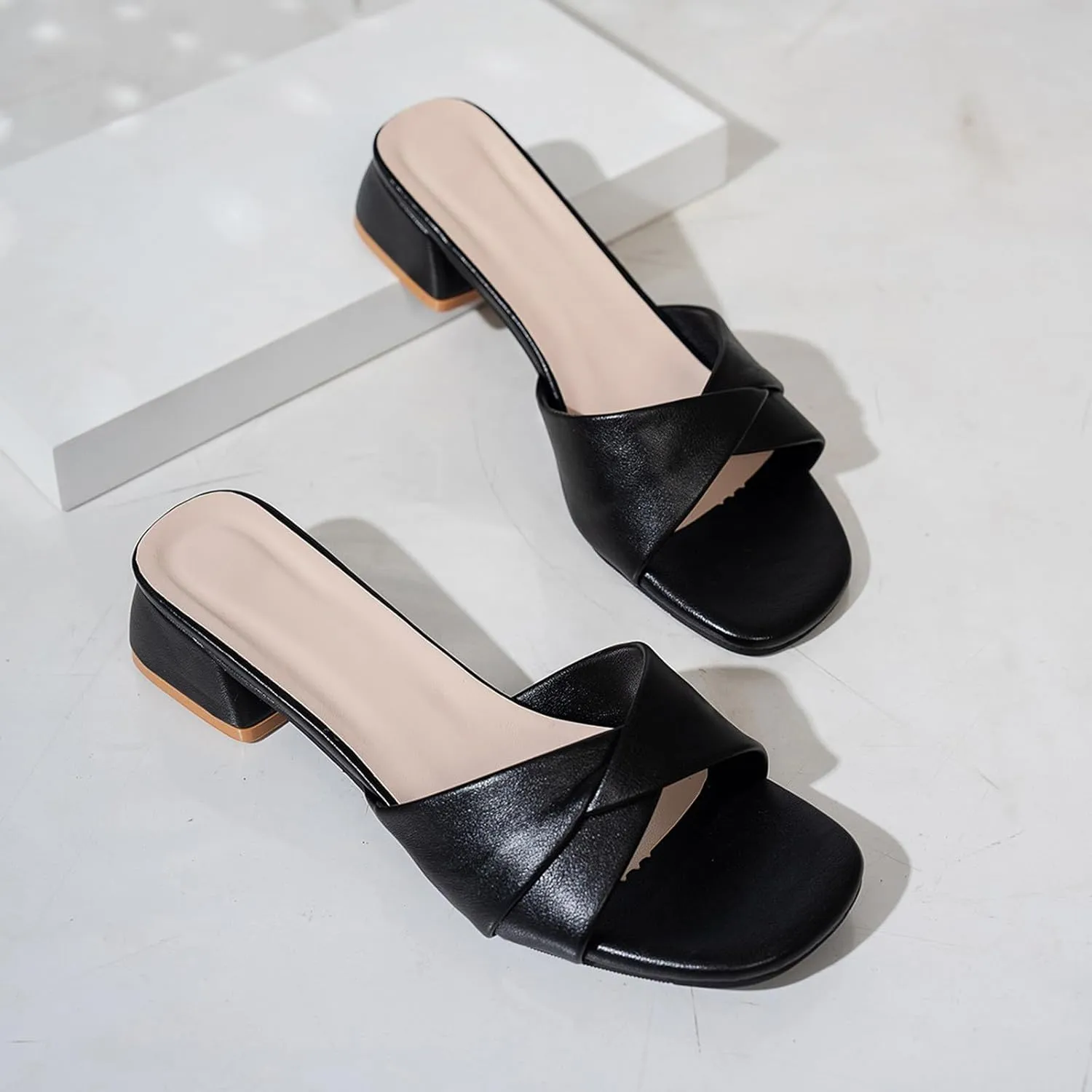 Block Heels for Women Square Open Toe Sandals Low Chunky Heeled Sandals Womens Slip on Mule Casual Dress Pumps Shoes