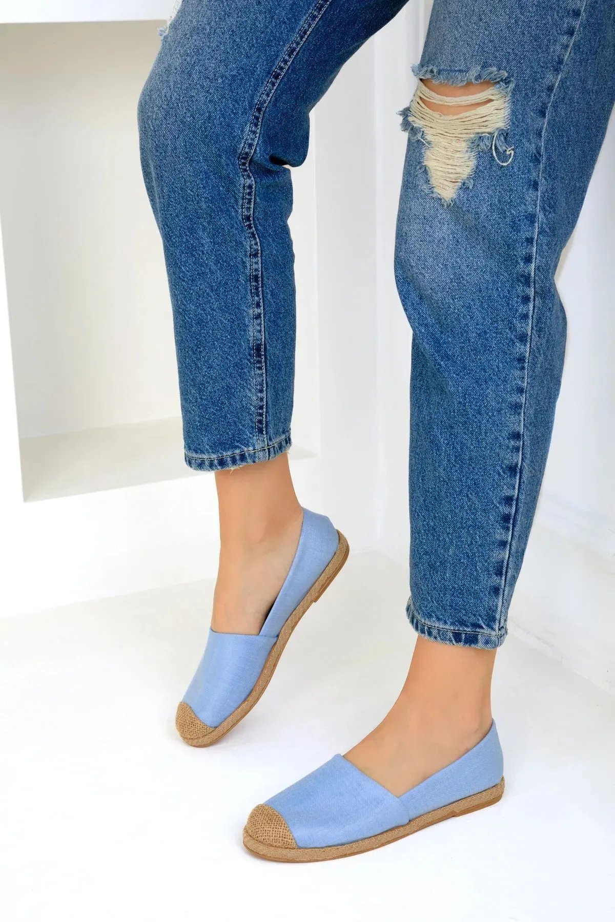 Blue Denim Women's Straw Detail Flat Shoes