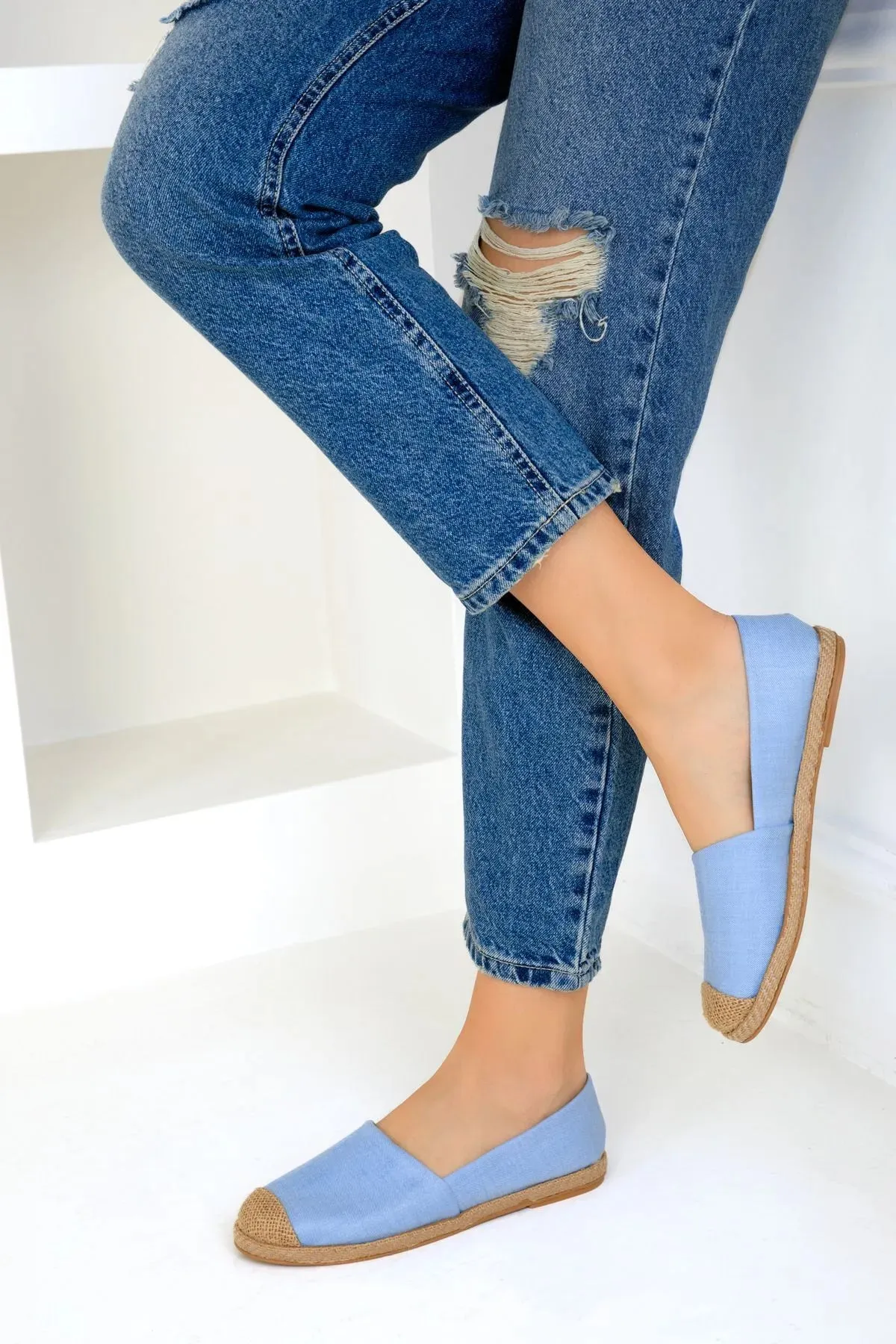 Blue Denim Women's Straw Detail Flat Shoes