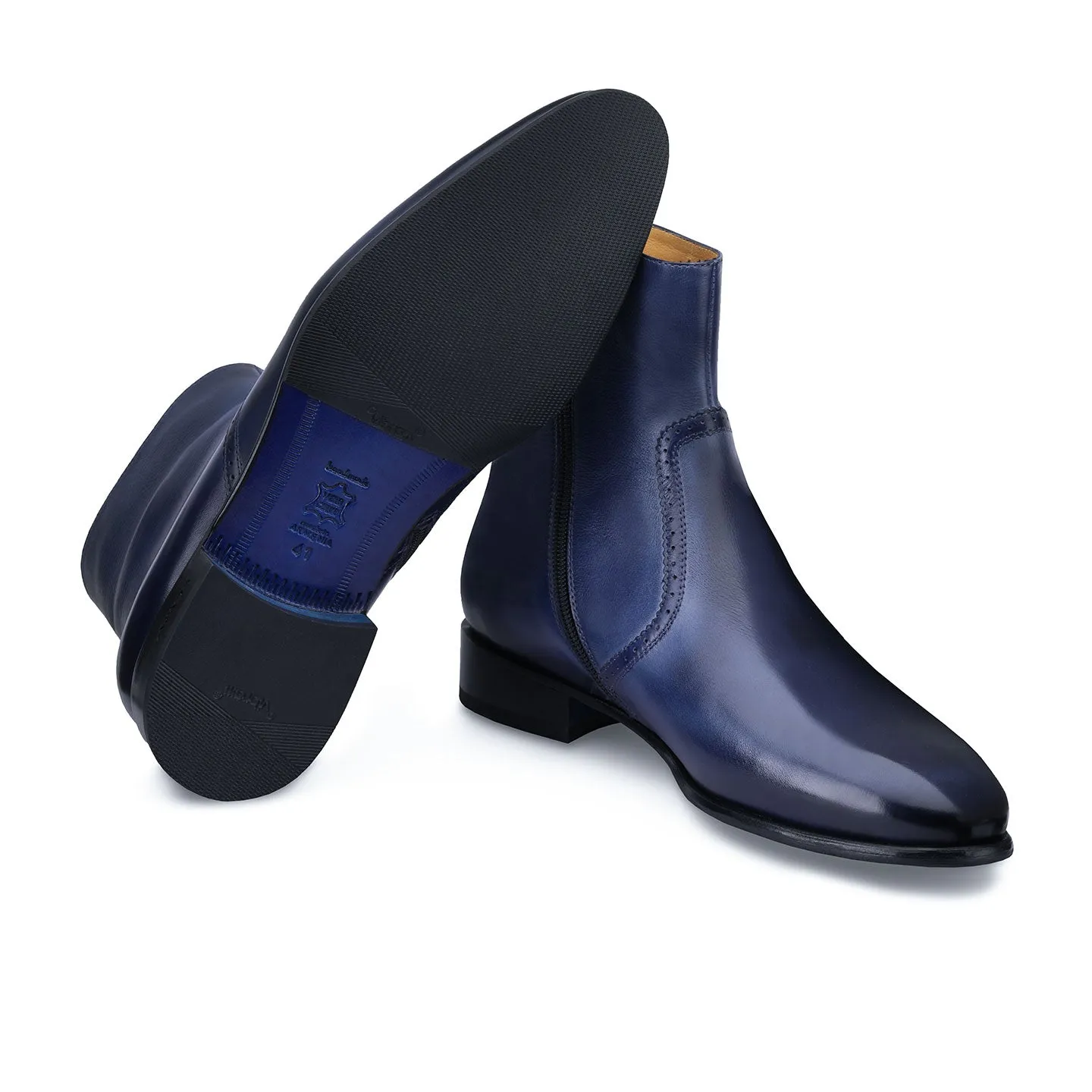 Blue Patina Leather Ankle Boots