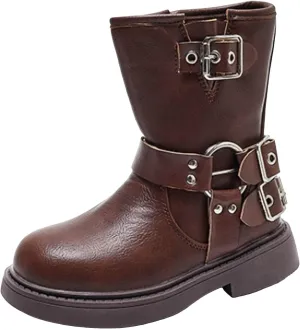 Boots for Girls Girls' Autumn and Winter English Style Short Boots Children's Leather Soft-Soled Flyer Motorcycle Boot