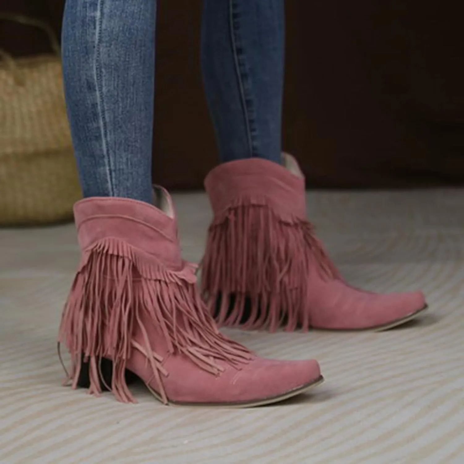 Boots for Women Flat Hollow Ankle Boots Low Chunky Block Stacked Heel Boots Slip On Pointed Toe Western Shoes 52