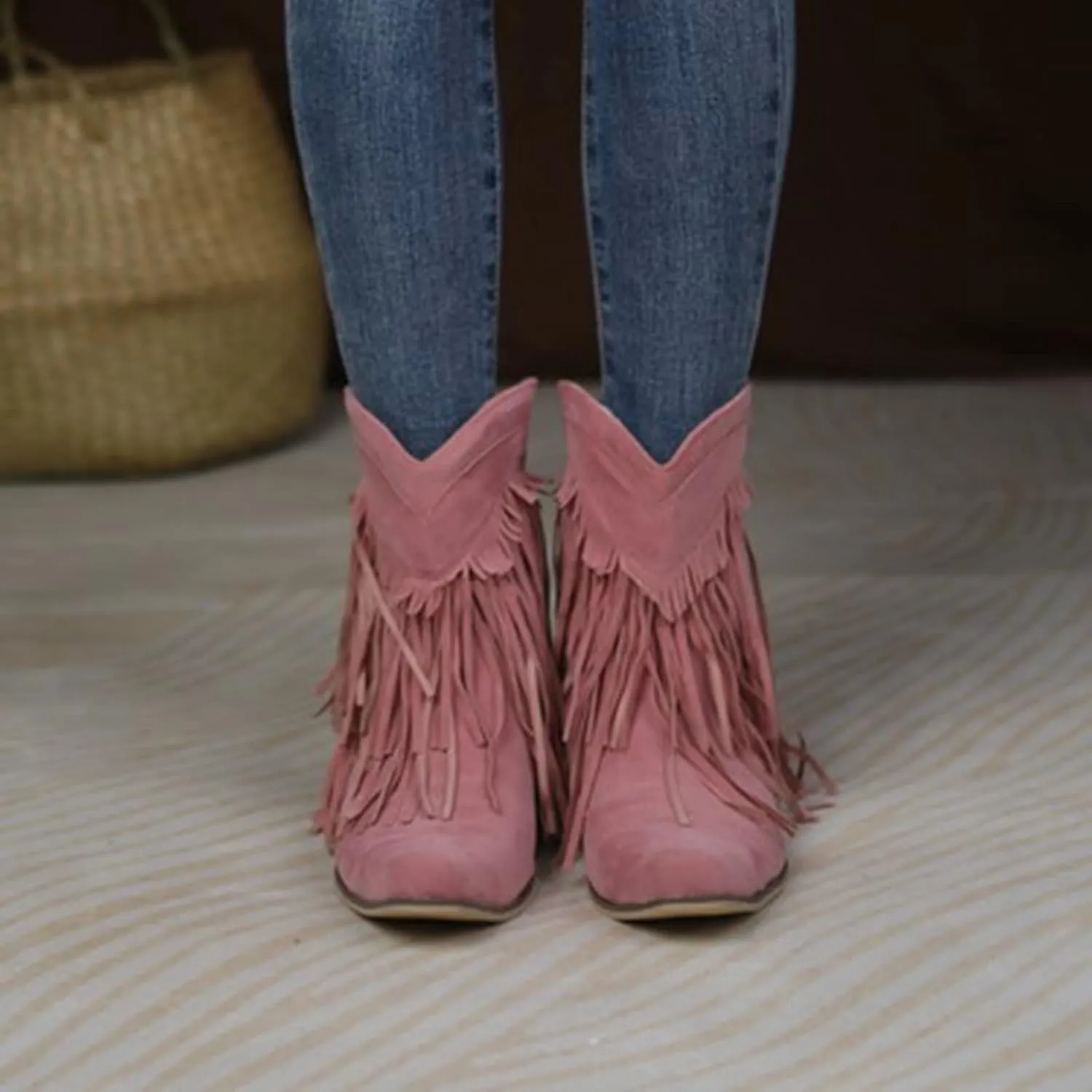 Boots for Women Flat Hollow Ankle Boots Low Chunky Block Stacked Heel Boots Slip On Pointed Toe Western Shoes 52
