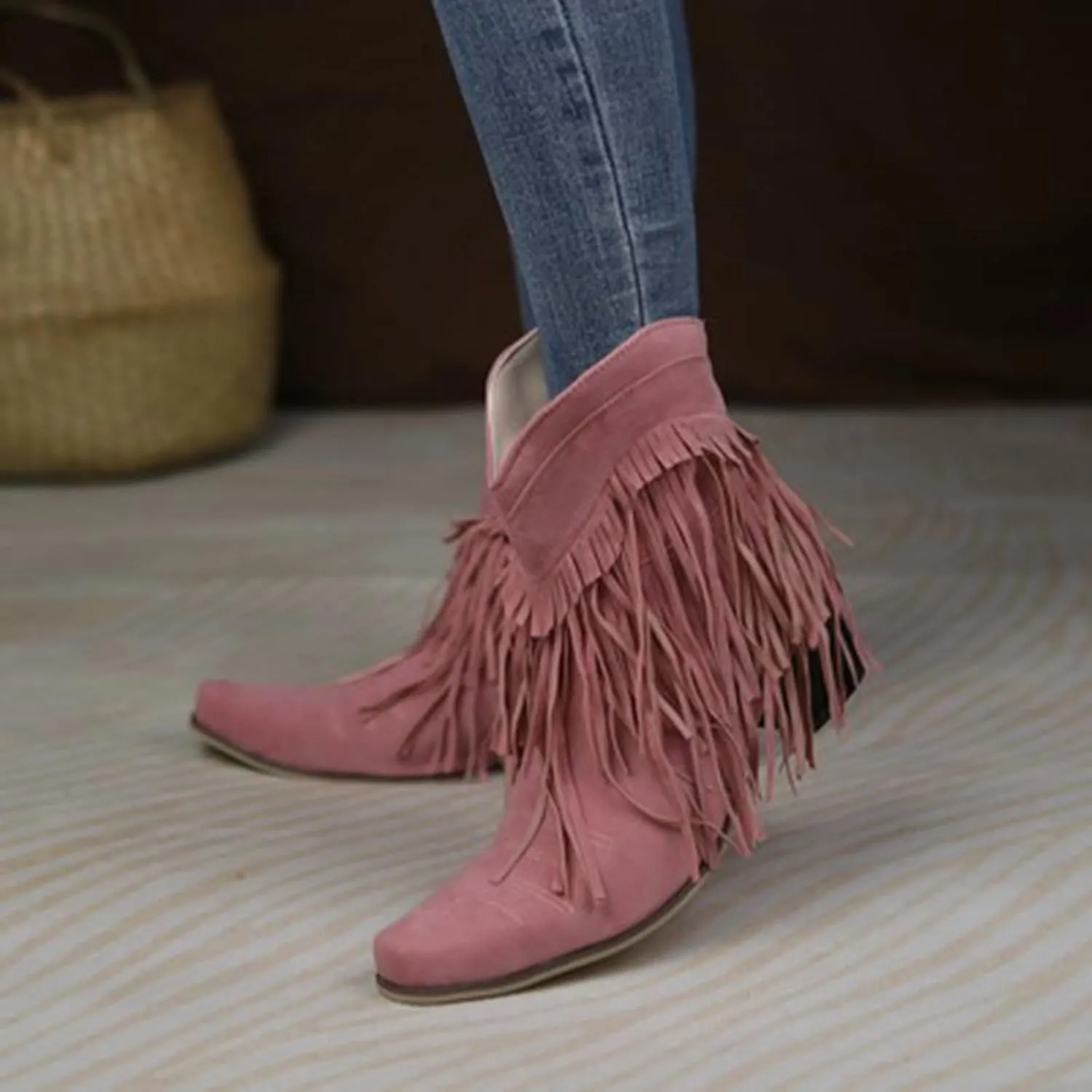 Boots for Women Flat Hollow Ankle Boots Low Chunky Block Stacked Heel Boots Slip On Pointed Toe Western Shoes 52