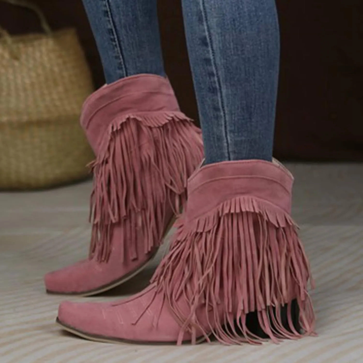 Boots for Women Flat Hollow Ankle Boots Low Chunky Block Stacked Heel Boots Slip On Pointed Toe Western Shoes 52