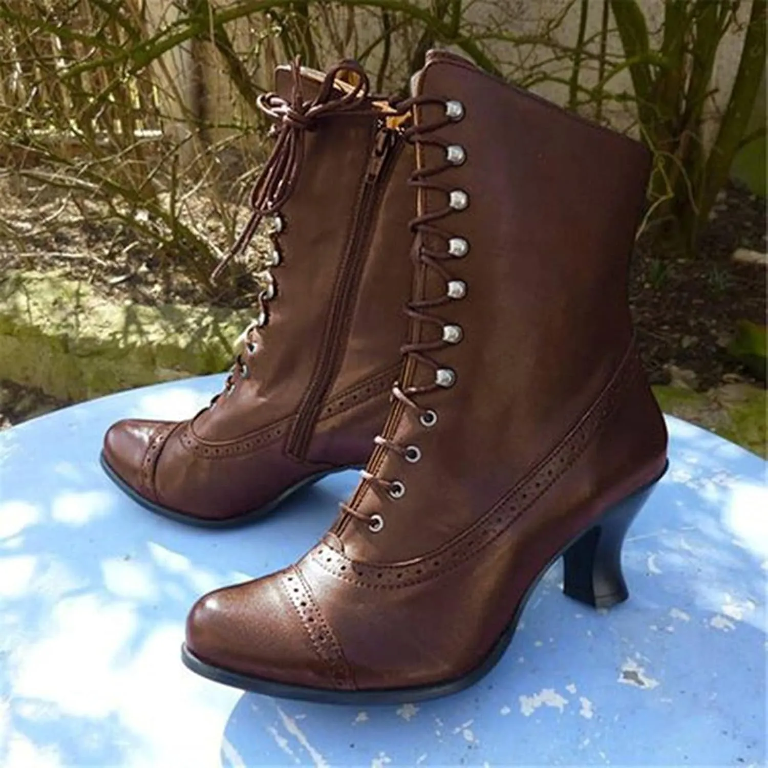 Boots for Women Retro PU Leather Lace Up Warm Womens Boots Non-slip Waterproof Short Heels Winter Boots for Women
