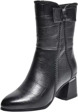 Boots for Women Side Zipper Chunky Heel Black Fashion Womens Boots Pointed Toe Bowknot Leather Mid Calf Boots