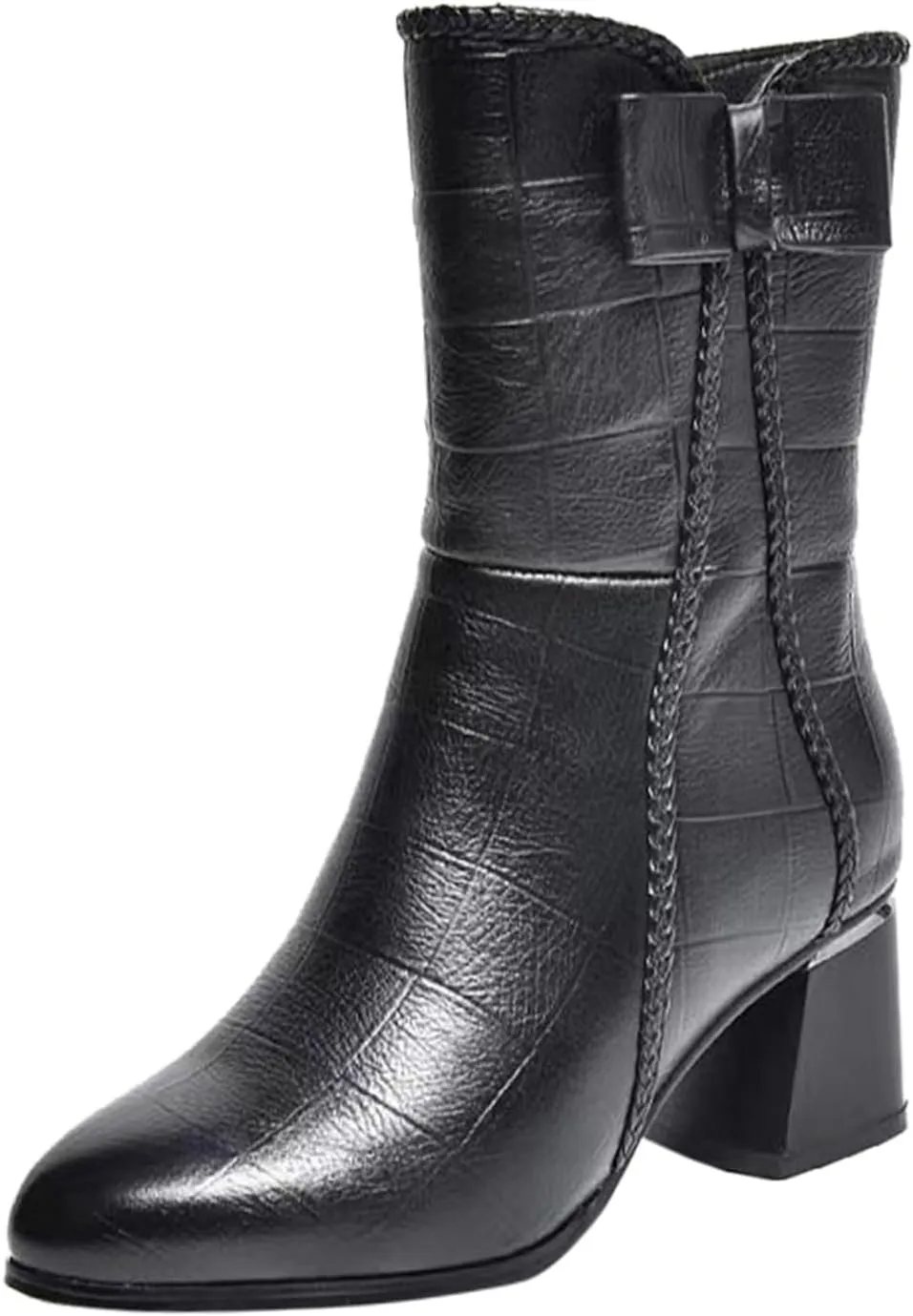 Boots for Women Side Zipper Chunky Heel Black Fashion Womens Boots Pointed Toe Bowknot Leather Mid Calf Boots