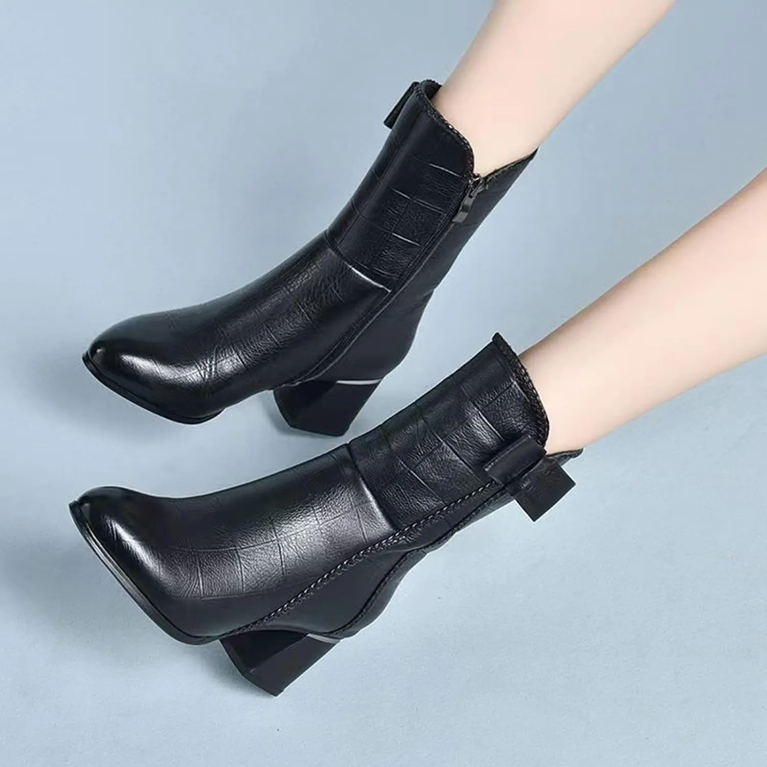Boots for Women Side Zipper Chunky Heel Black Fashion Womens Boots Pointed Toe Bowknot Leather Mid Calf Boots