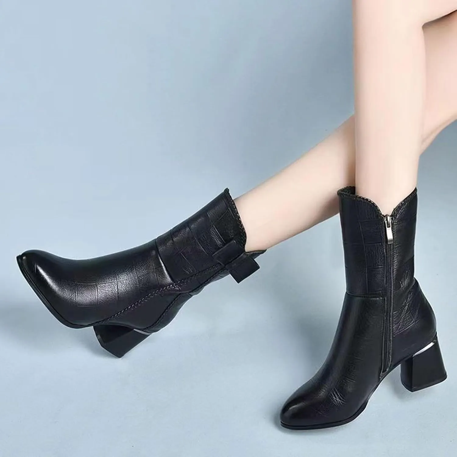 Boots for Women Side Zipper Chunky Heel Black Fashion Womens Boots Pointed Toe Bowknot Leather Mid Calf Boots
