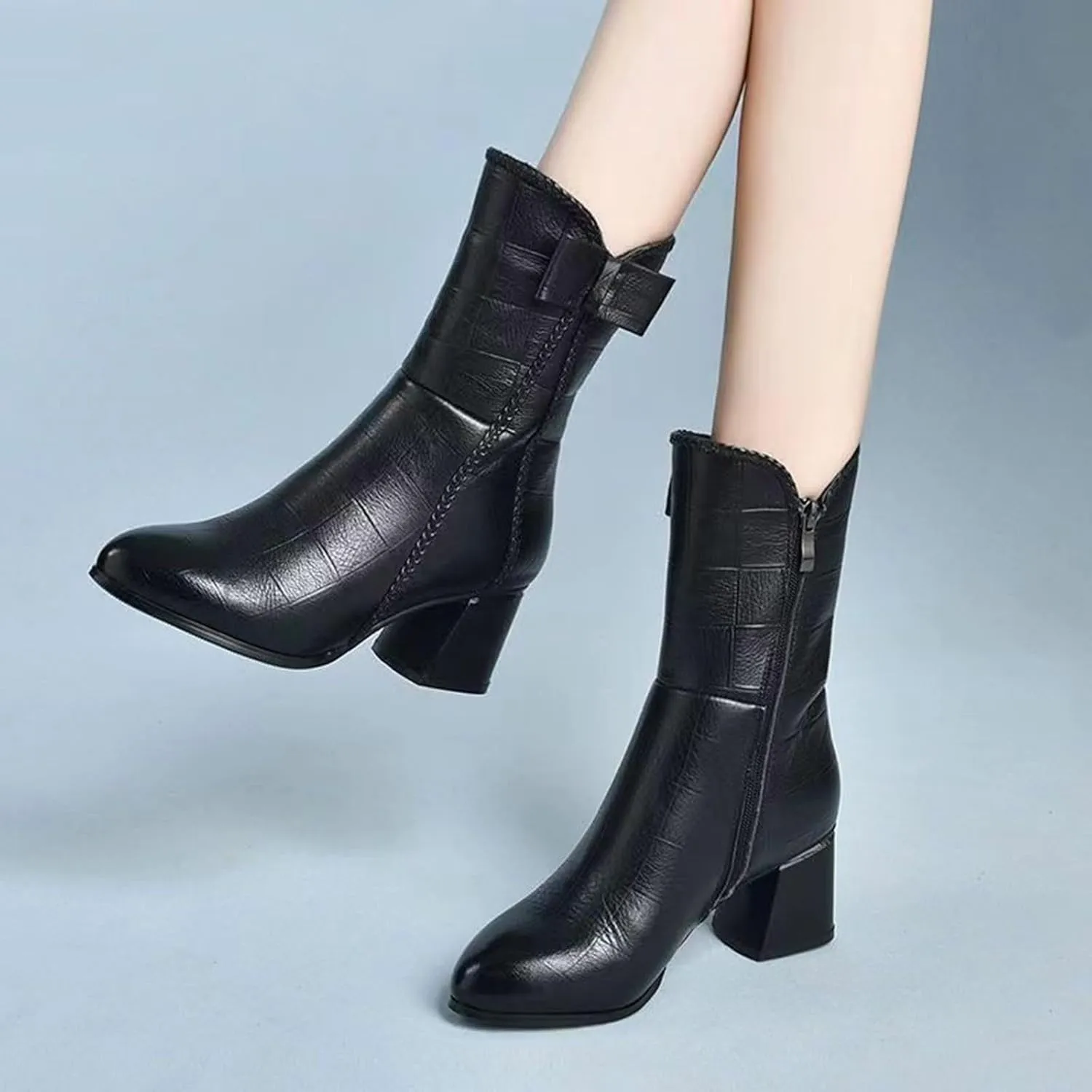 Boots for Women Side Zipper Chunky Heel Black Fashion Womens Boots Pointed Toe Bowknot Leather Mid Calf Boots