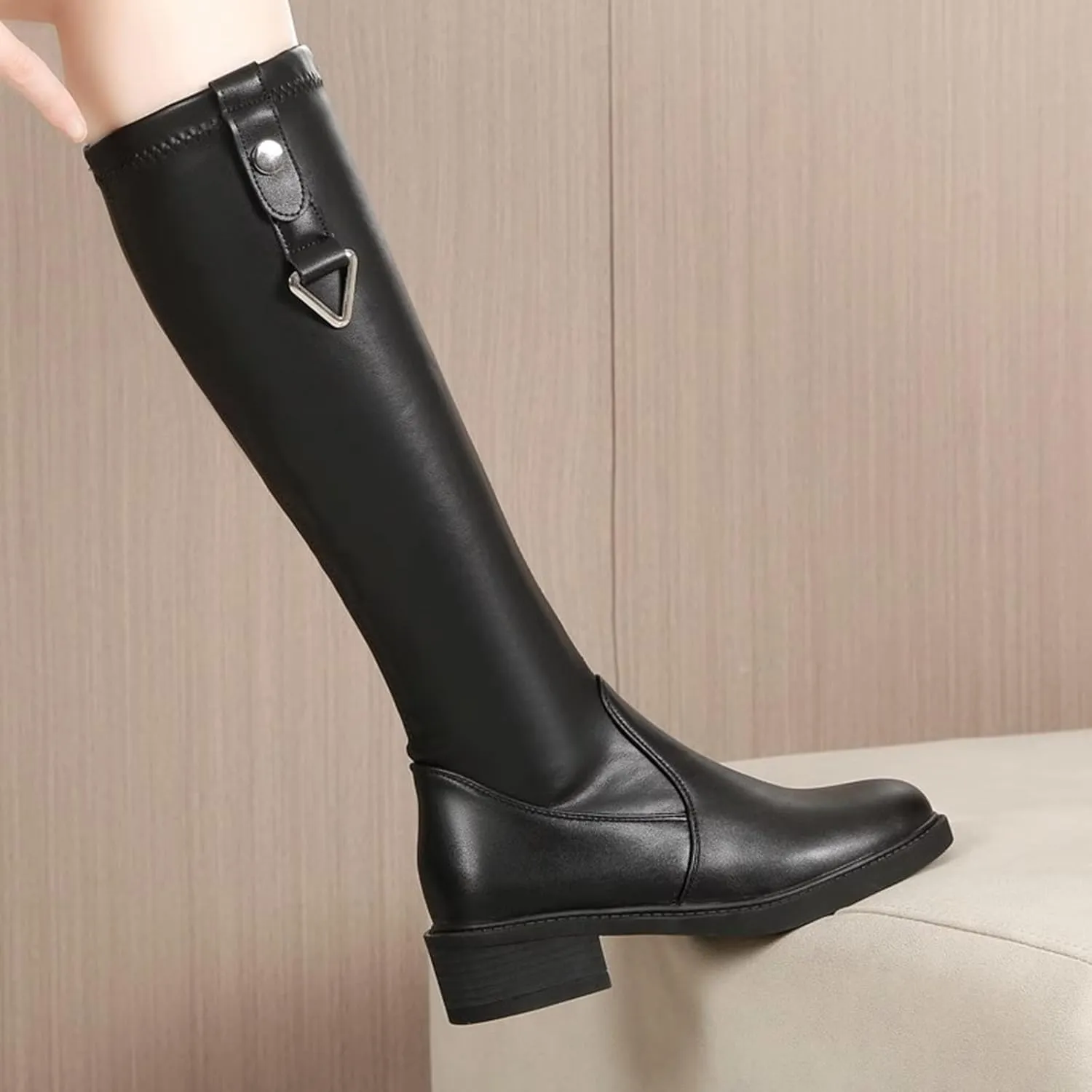 Boots for Women Solid color Block Heels Fashion Womens Boots Side Zipper Round Toe Keen-High Leather Boots