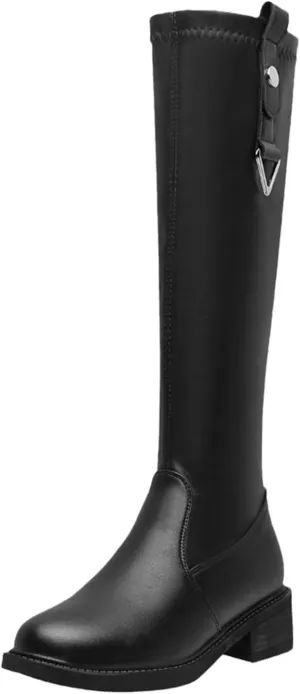Boots for Women Solid color Block Heels Fashion Womens Boots Side Zipper Round Toe Keen-High Leather Boots