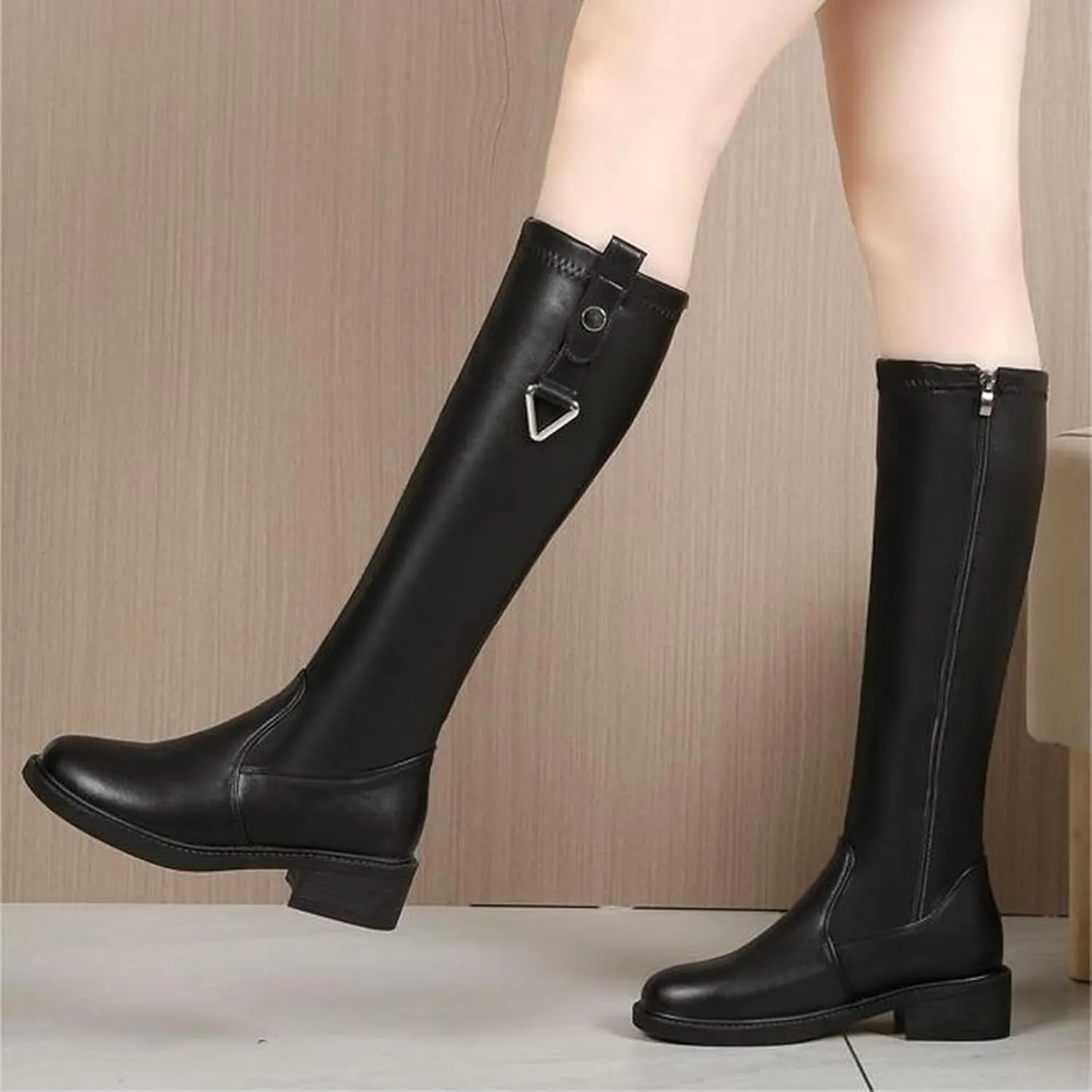Boots for Women Solid color Block Heels Fashion Womens Boots Side Zipper Round Toe Keen-High Leather Boots