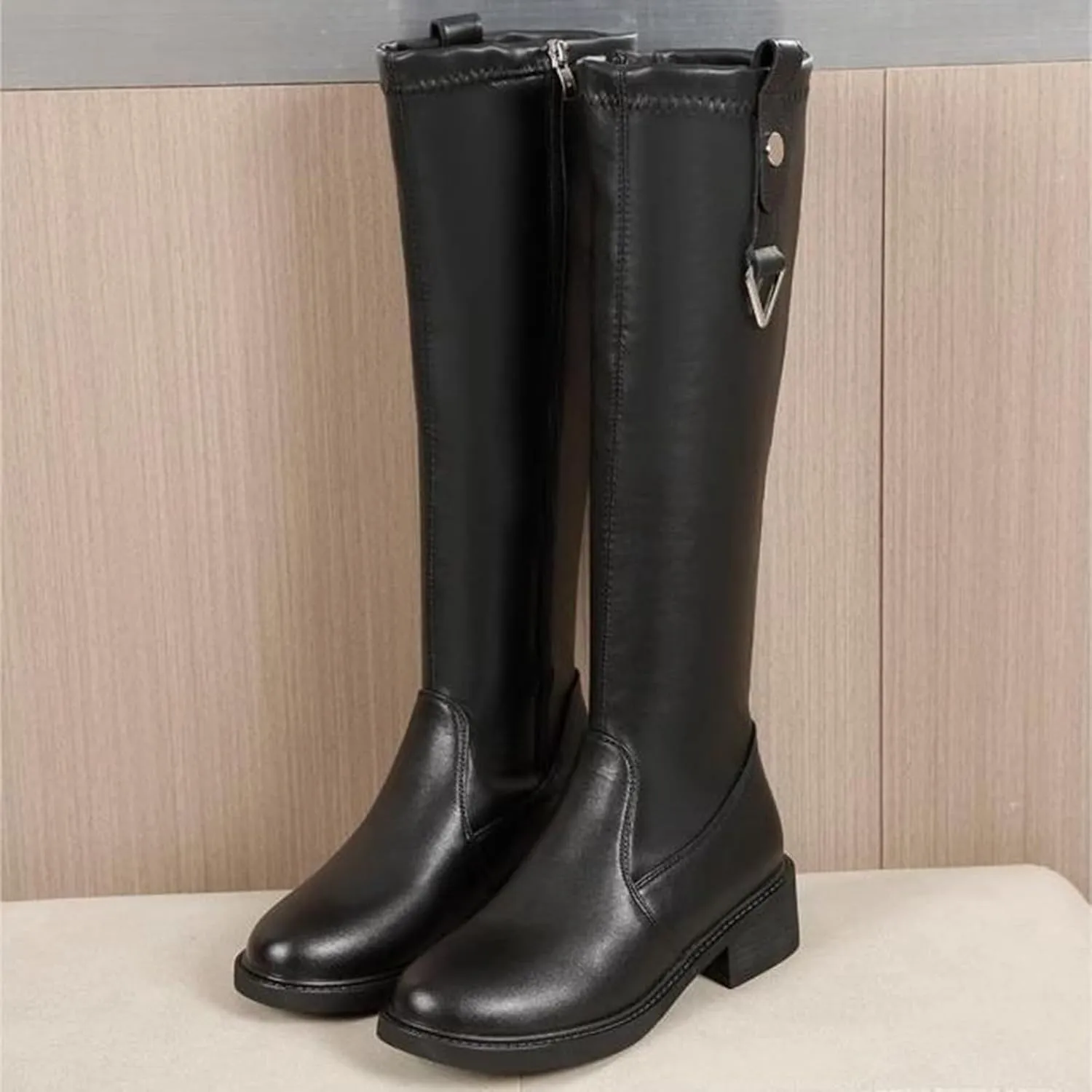 Boots for Women Solid color Block Heels Fashion Womens Boots Side Zipper Round Toe Keen-High Leather Boots