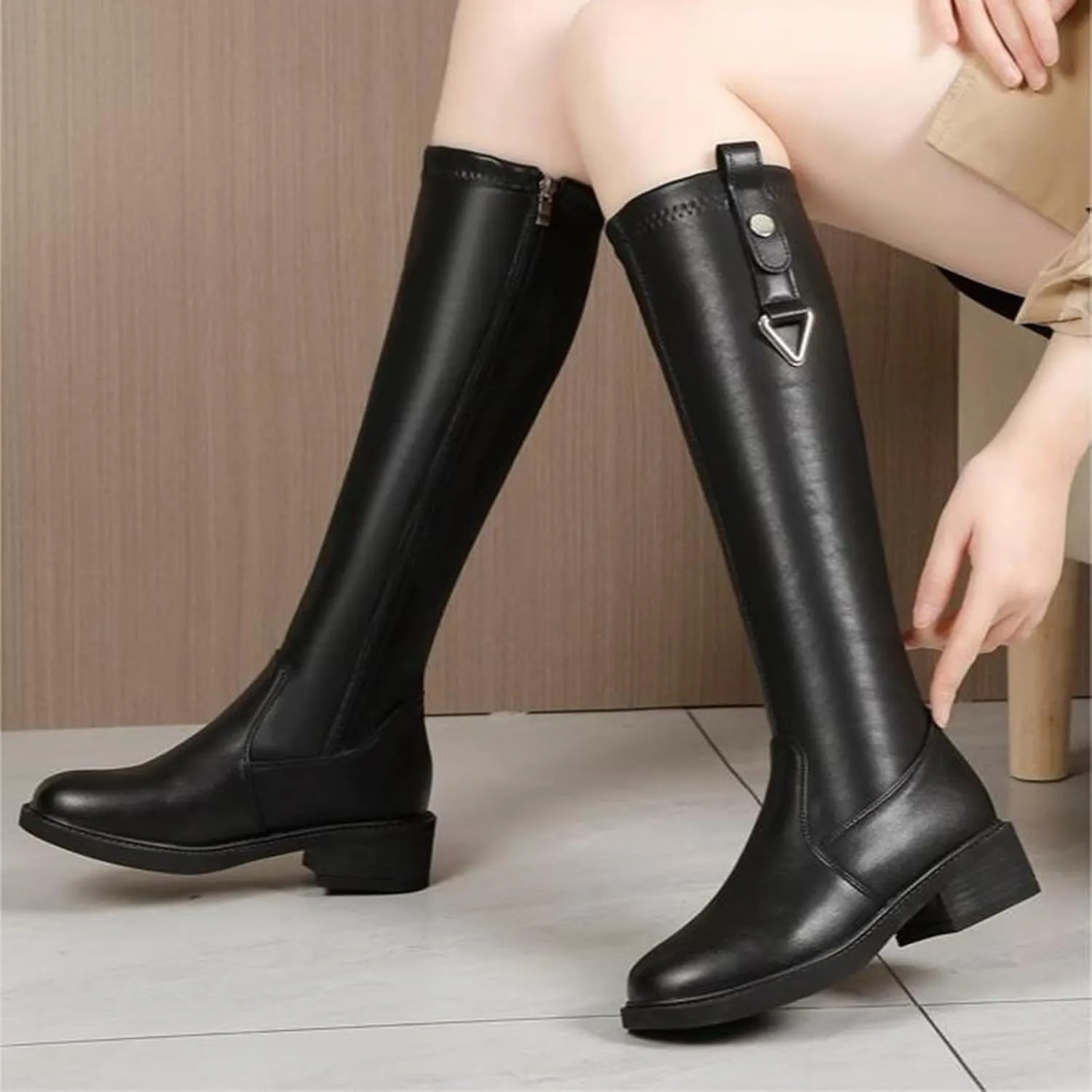 Boots for Women Solid color Block Heels Fashion Womens Boots Side Zipper Round Toe Keen-High Leather Boots