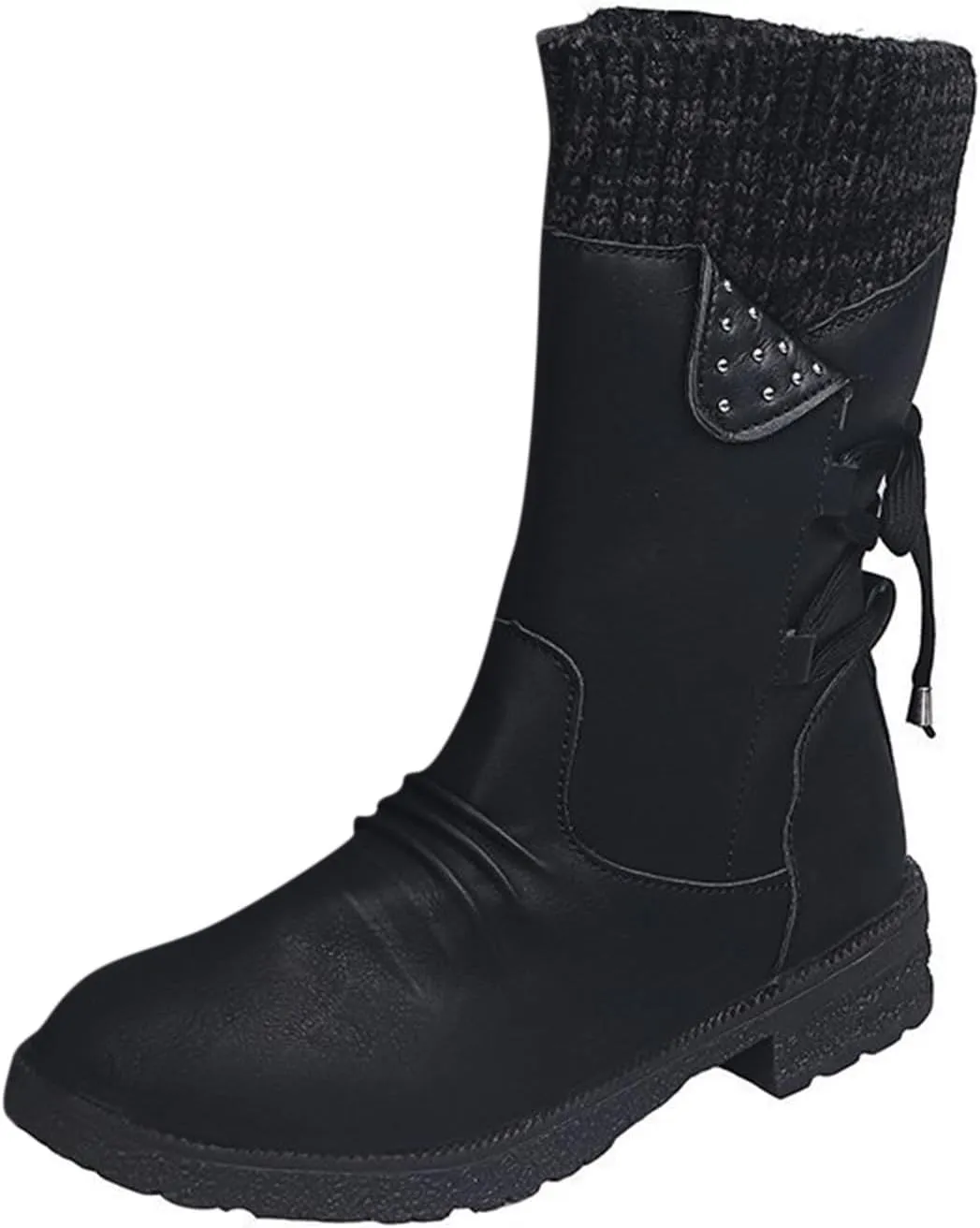 Boots for Women Western Fashion Round Toe Chunky Heel Mid Calf Riding Fur Lined Winter Warm Booties Side Zipper with Lace up