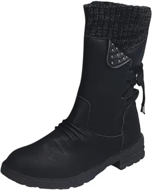 Boots for Women Western Fashion Round Toe Chunky Heel Mid Calf Riding Fur Lined Winter Warm Booties Side Zipper with Lace up