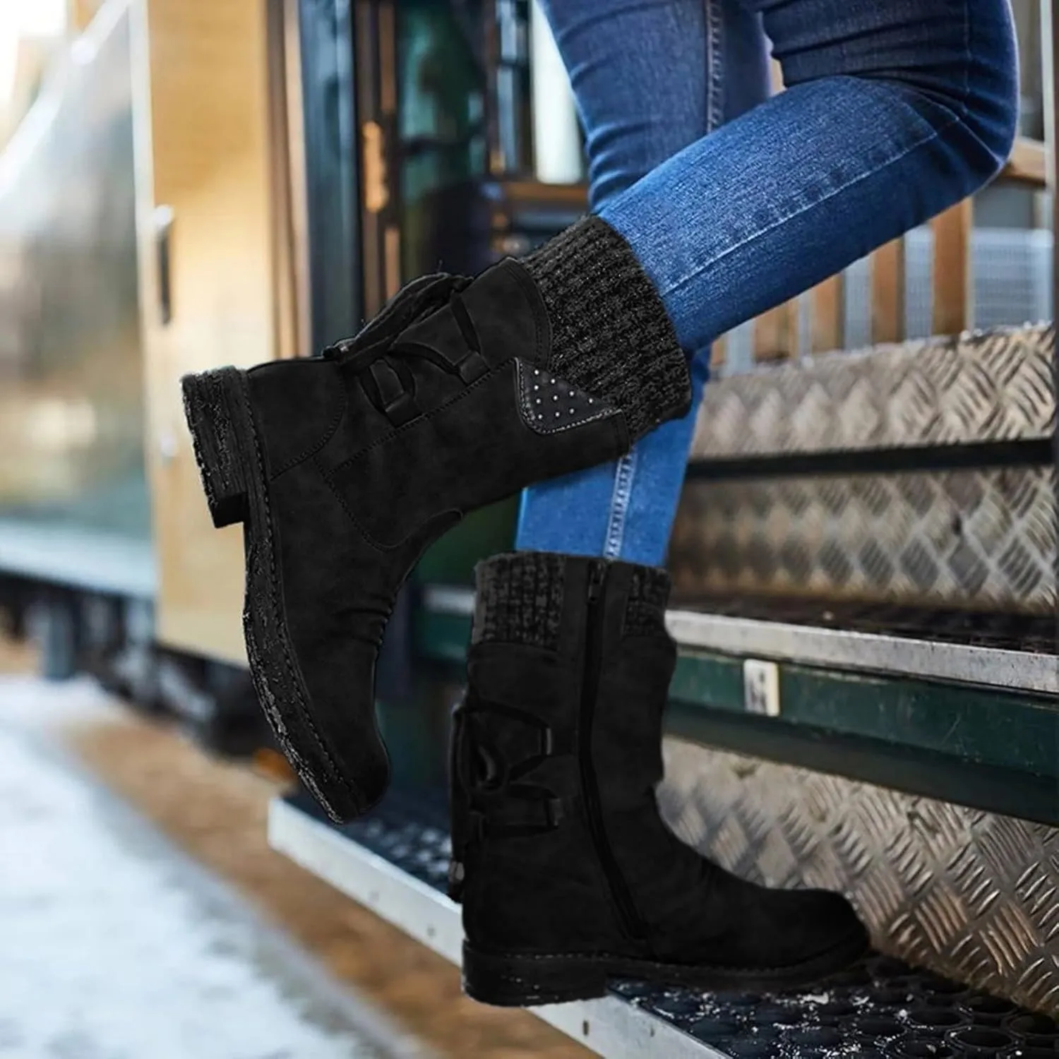 Boots for Women Western Fashion Round Toe Chunky Heel Mid Calf Riding Fur Lined Winter Warm Booties Side Zipper with Lace up