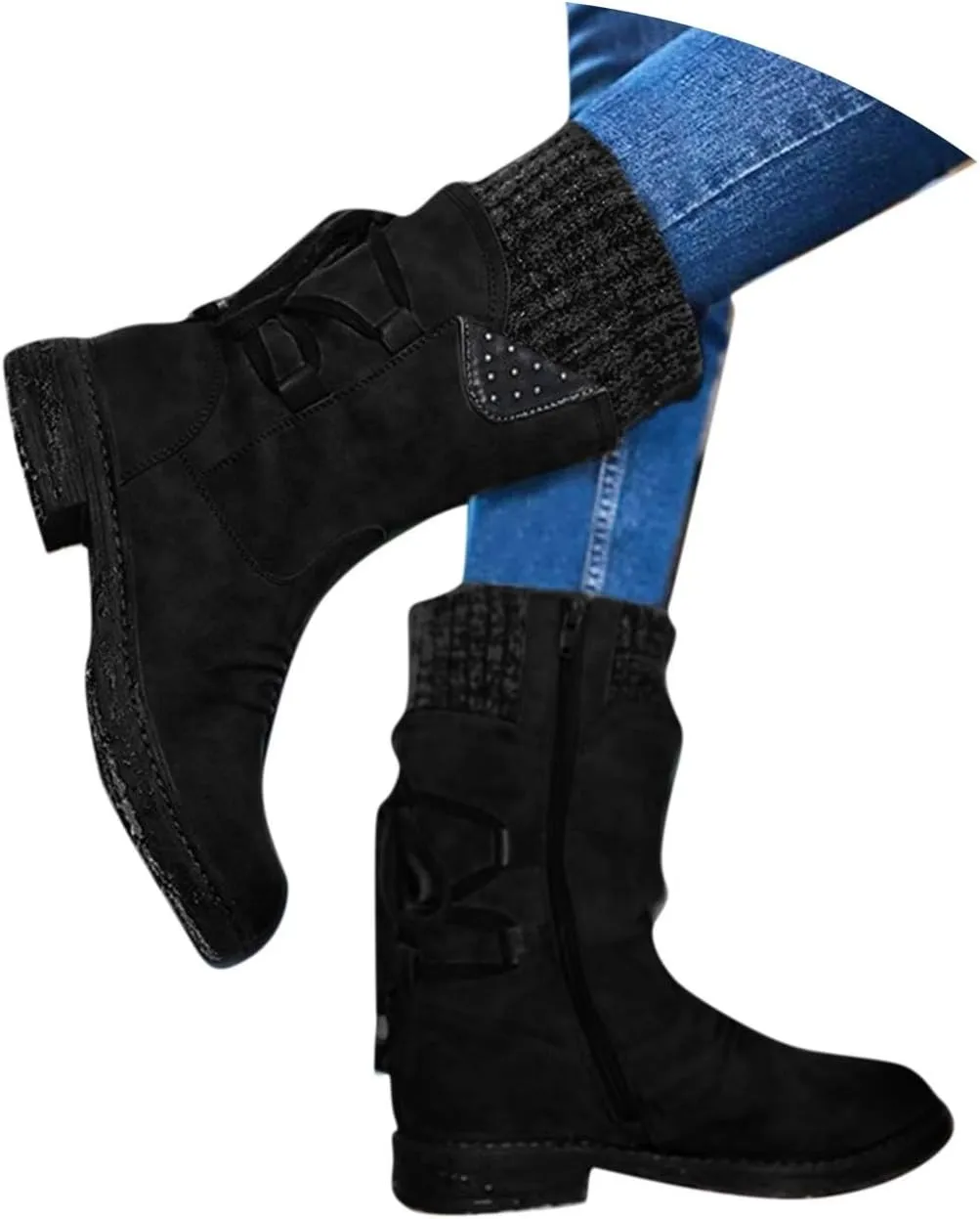 Boots for Women Western Fashion Round Toe Chunky Heel Mid Calf Riding Fur Lined Winter Warm Booties Side Zipper with Lace up