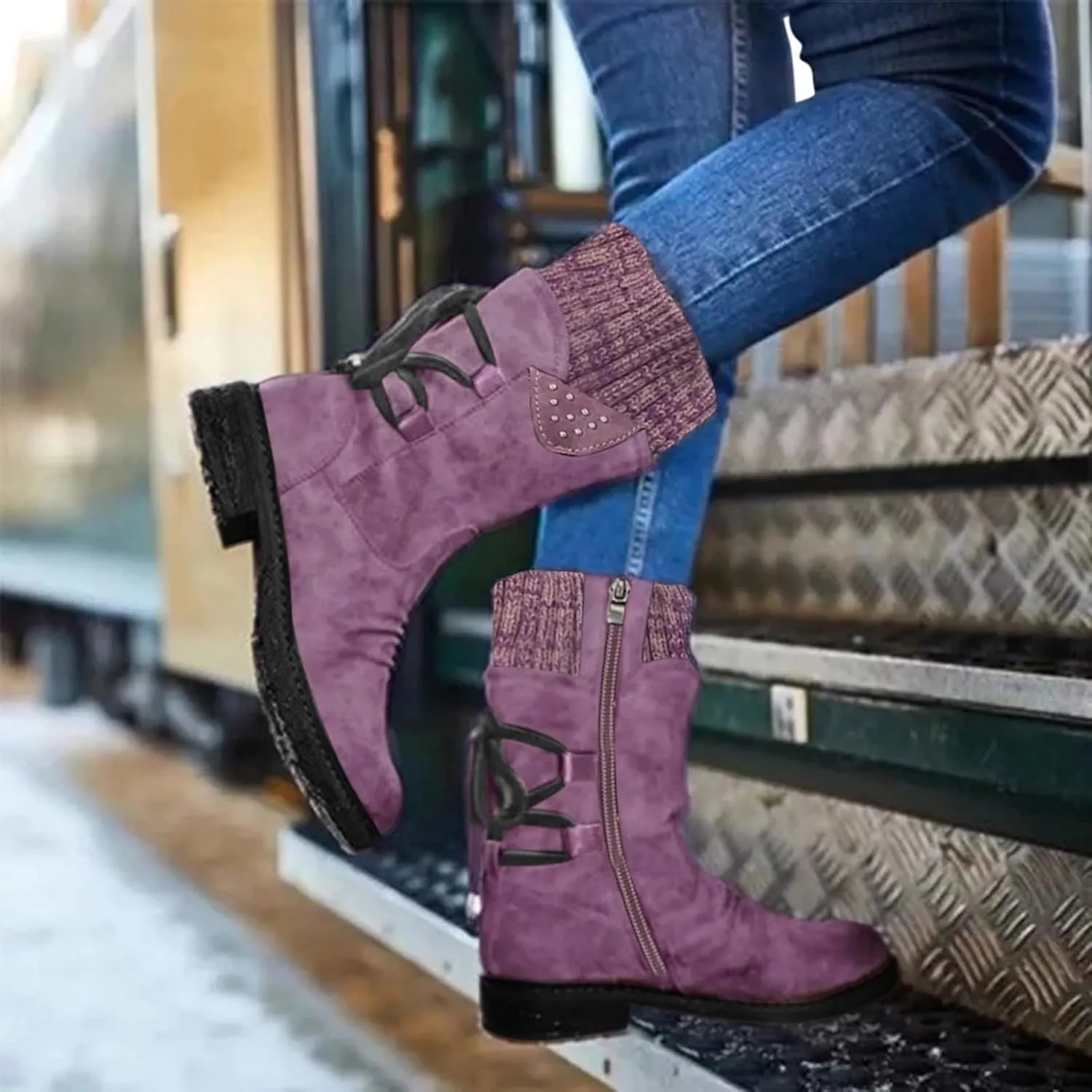 Boots for Women Western Fashion Round Toe Chunky Heel Mid Calf Riding Fur Lined Winter Warm Booties Side Zipper with Lace up