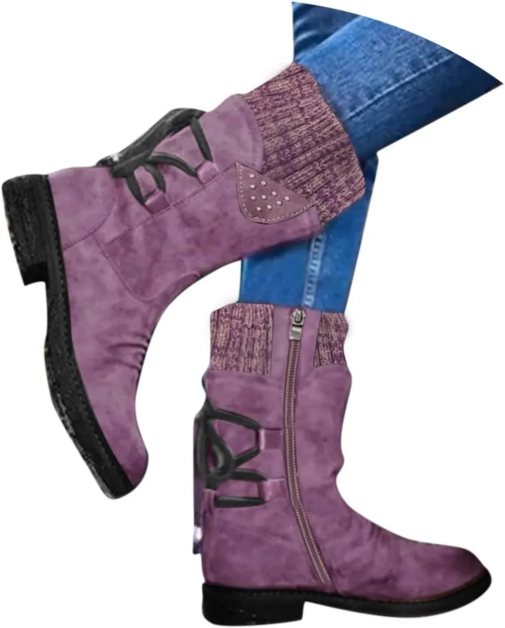 Boots for Women Western Fashion Round Toe Chunky Heel Mid Calf Riding Fur Lined Winter Warm Booties Side Zipper with Lace up