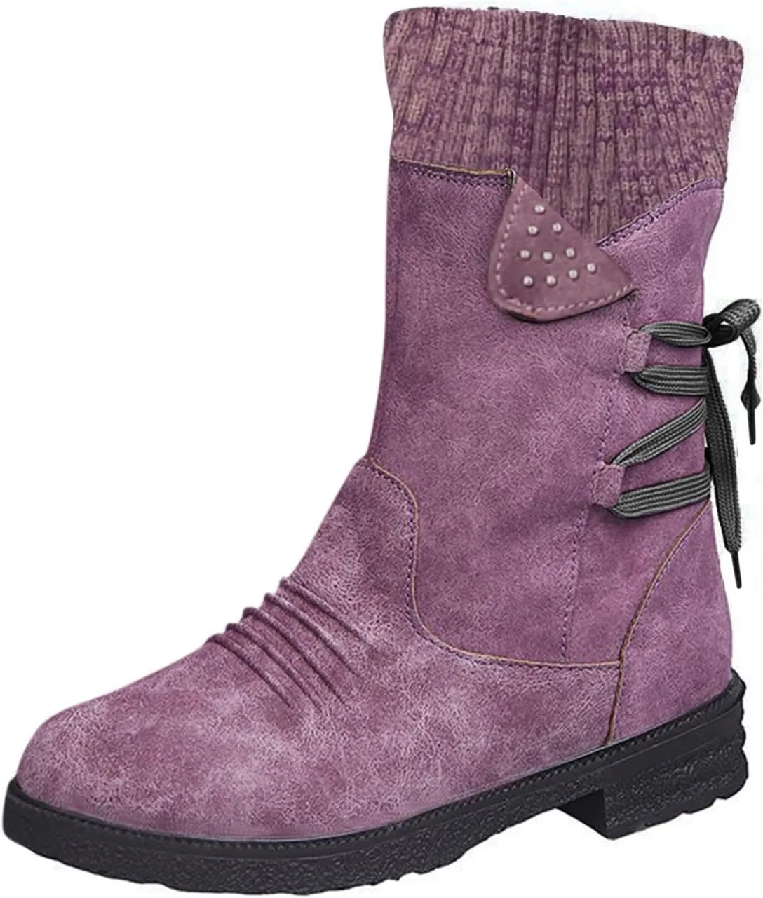 Boots for Women Western Fashion Round Toe Chunky Heel Mid Calf Riding Fur Lined Winter Warm Booties Side Zipper with Lace up