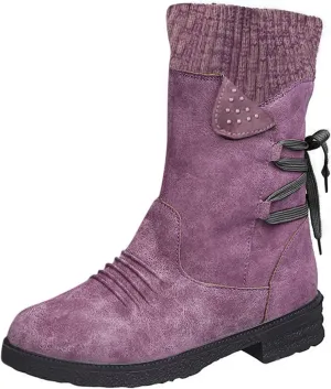 Boots for Women Western Fashion Round Toe Chunky Heel Mid Calf Riding Fur Lined Winter Warm Booties Side Zipper with Lace up