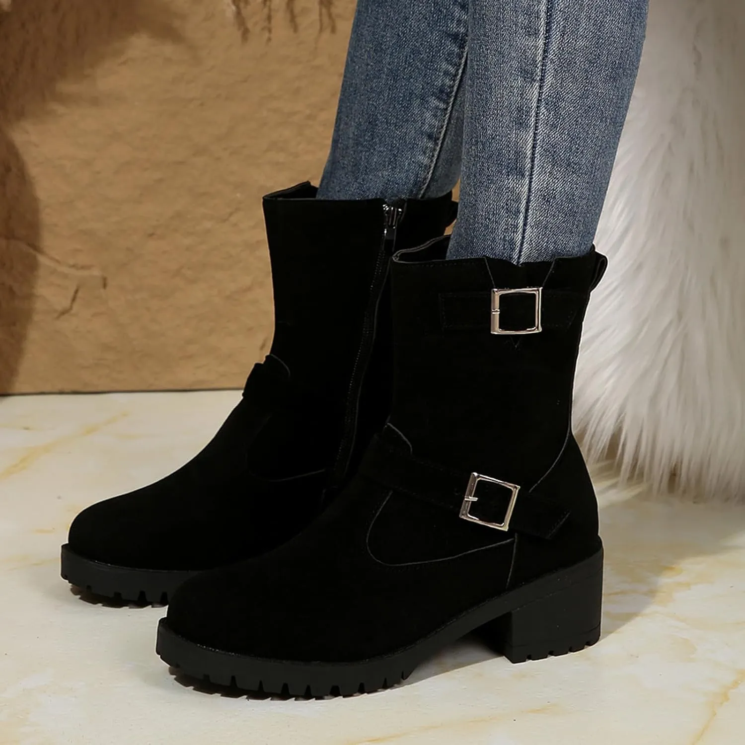 Boots for Women Western Platform Chunky Heel Outdoor Combat Anti-Slip Booties Winter Warm Casual Side Zipper Buckle Boots