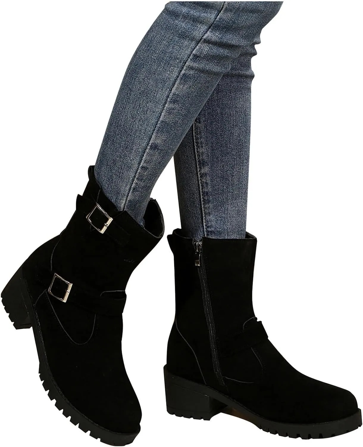 Boots for Women Western Platform Chunky Heel Outdoor Combat Anti-Slip Booties Winter Warm Casual Side Zipper Buckle Boots