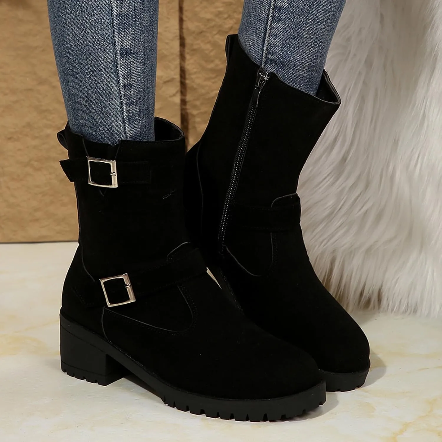 Boots for Women Western Platform Chunky Heel Outdoor Combat Anti-Slip Booties Winter Warm Casual Side Zipper Buckle Boots