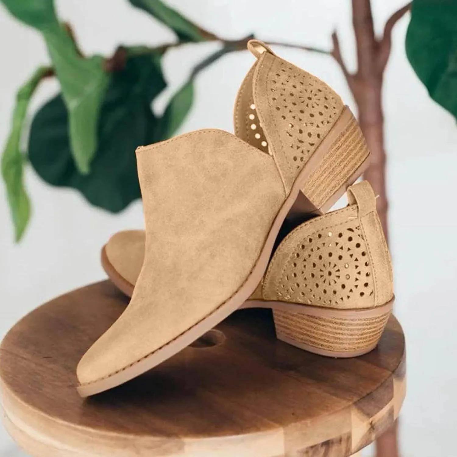 Boots for Women Women's Chunky Stacked Low Heels Dressy Booties V Cut Out Causal Pointed Toe Perforated Western Booties
