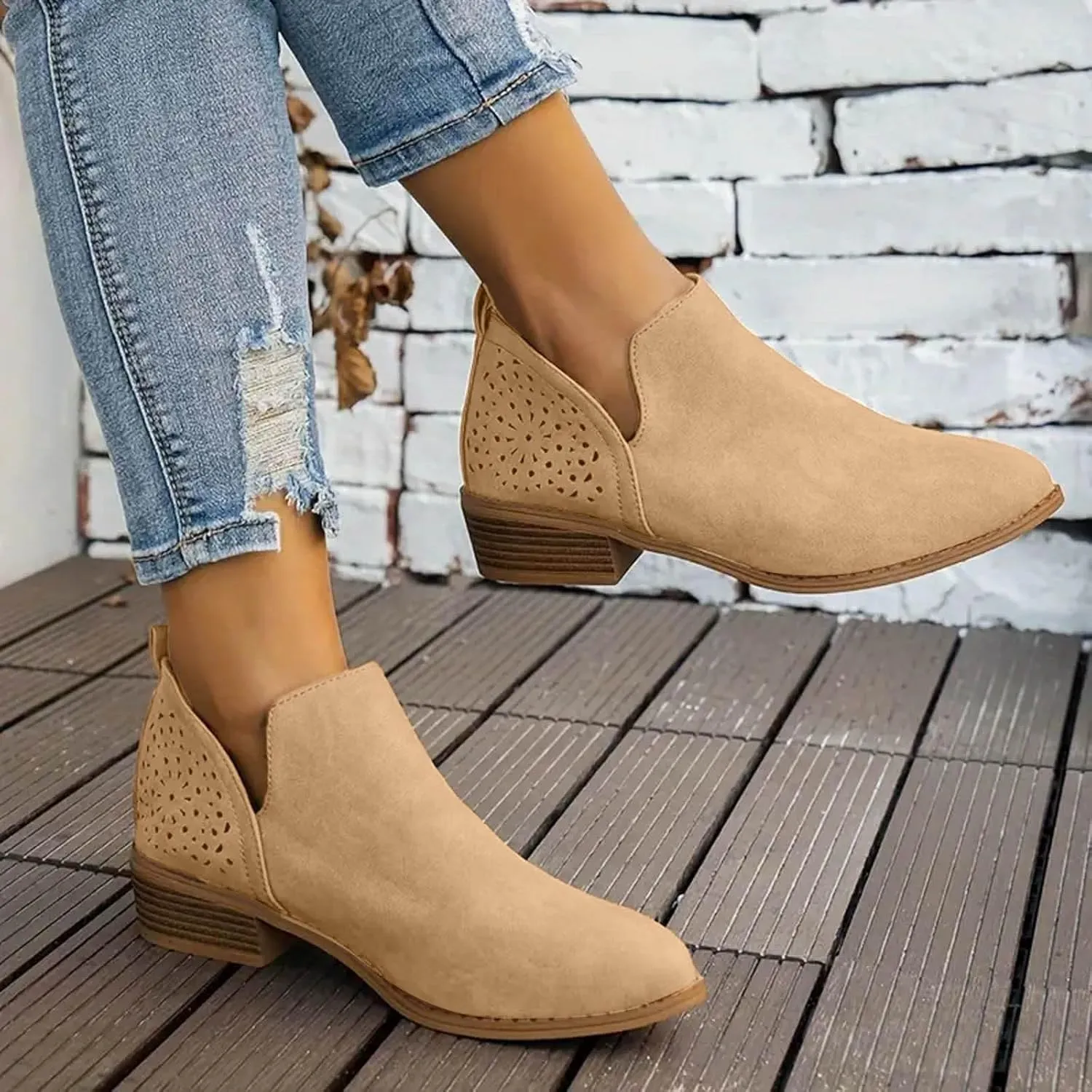 Boots for Women Women's Chunky Stacked Low Heels Dressy Booties V Cut Out Causal Pointed Toe Perforated Western Booties
