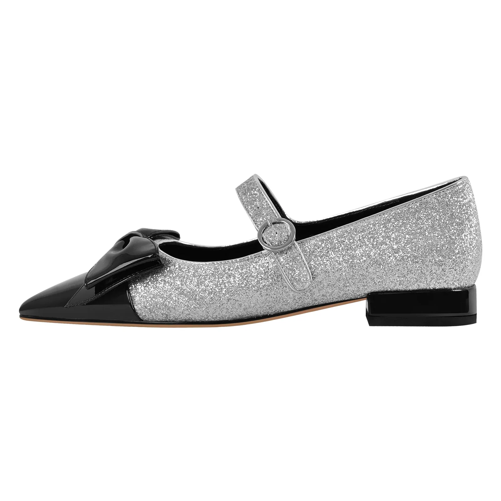 Bow Pointed Toe Glitter Buckle Flats