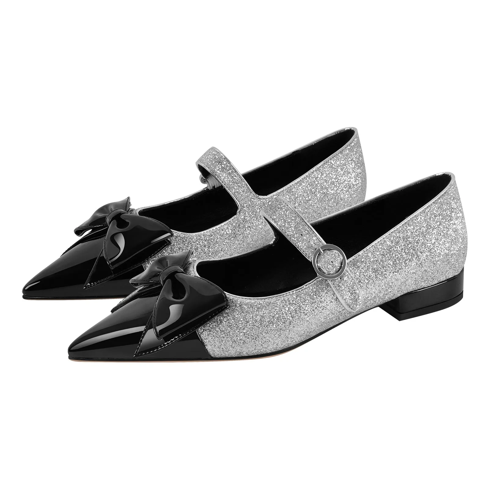 Bow Pointed Toe Glitter Buckle Flats