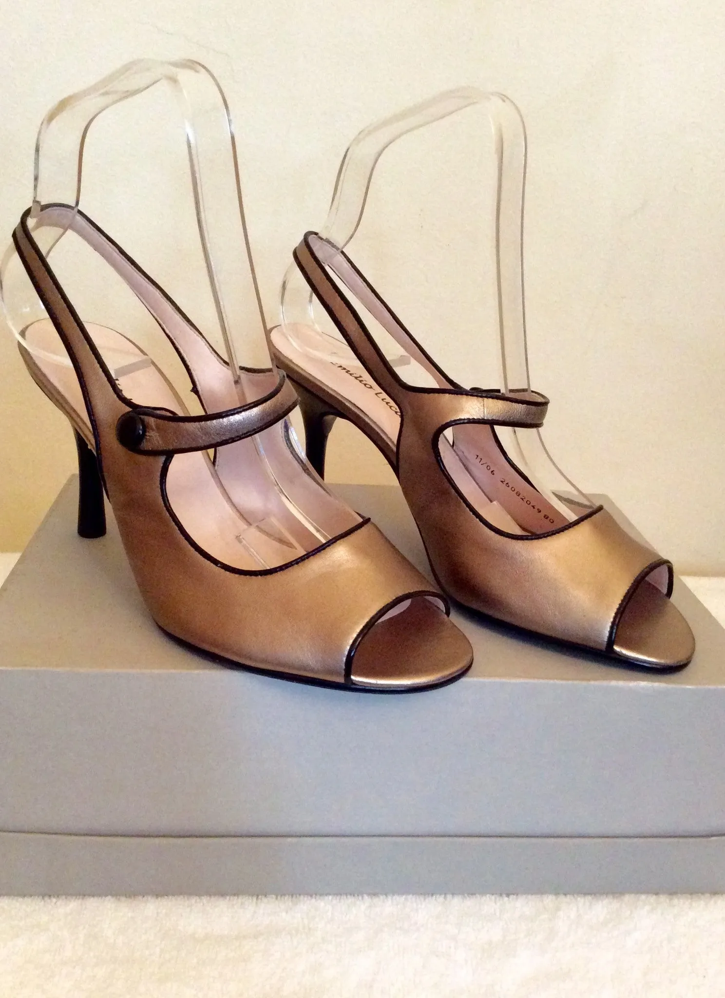 Brand New Emilio Lucax Gold Peeptoe Slingback Heels Size 4/37