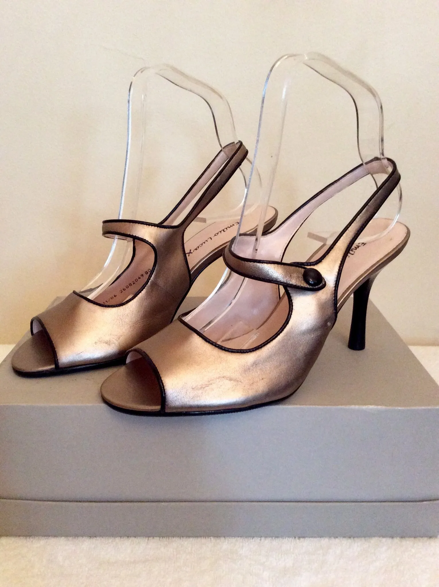 Brand New Emilio Lucax Gold Peeptoe Slingback Heels Size 4/37