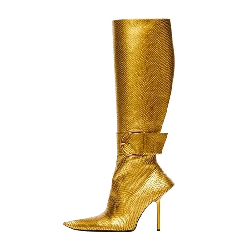 Buckle Pointed Toe Stiletto Heeled Boots