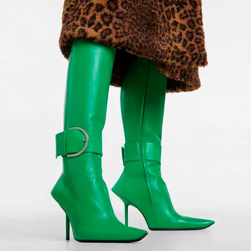 Buckle Pointed Toe Stiletto Heeled Boots