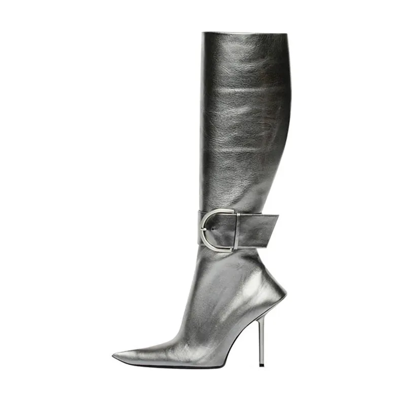 Buckle Pointed Toe Stiletto Heeled Boots