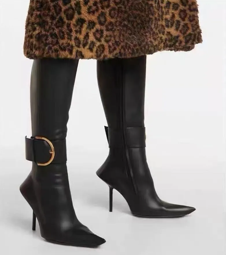 Buckle Pointed Toe Stiletto Heeled Boots