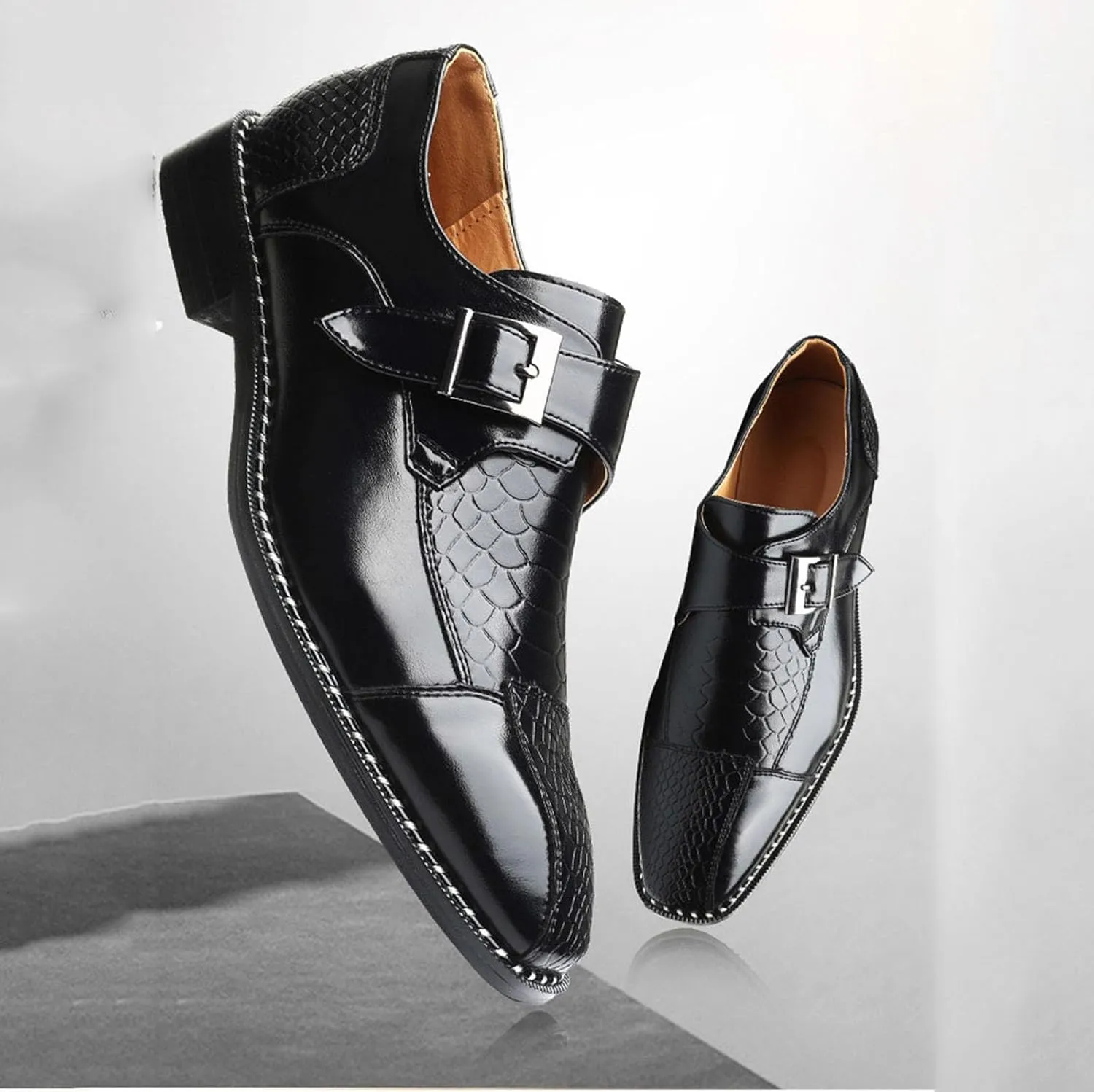 ByErz Men Dress Shoes Buckle Oxford Classic Pointed Toe Modern Formal Leather Shoes for Men