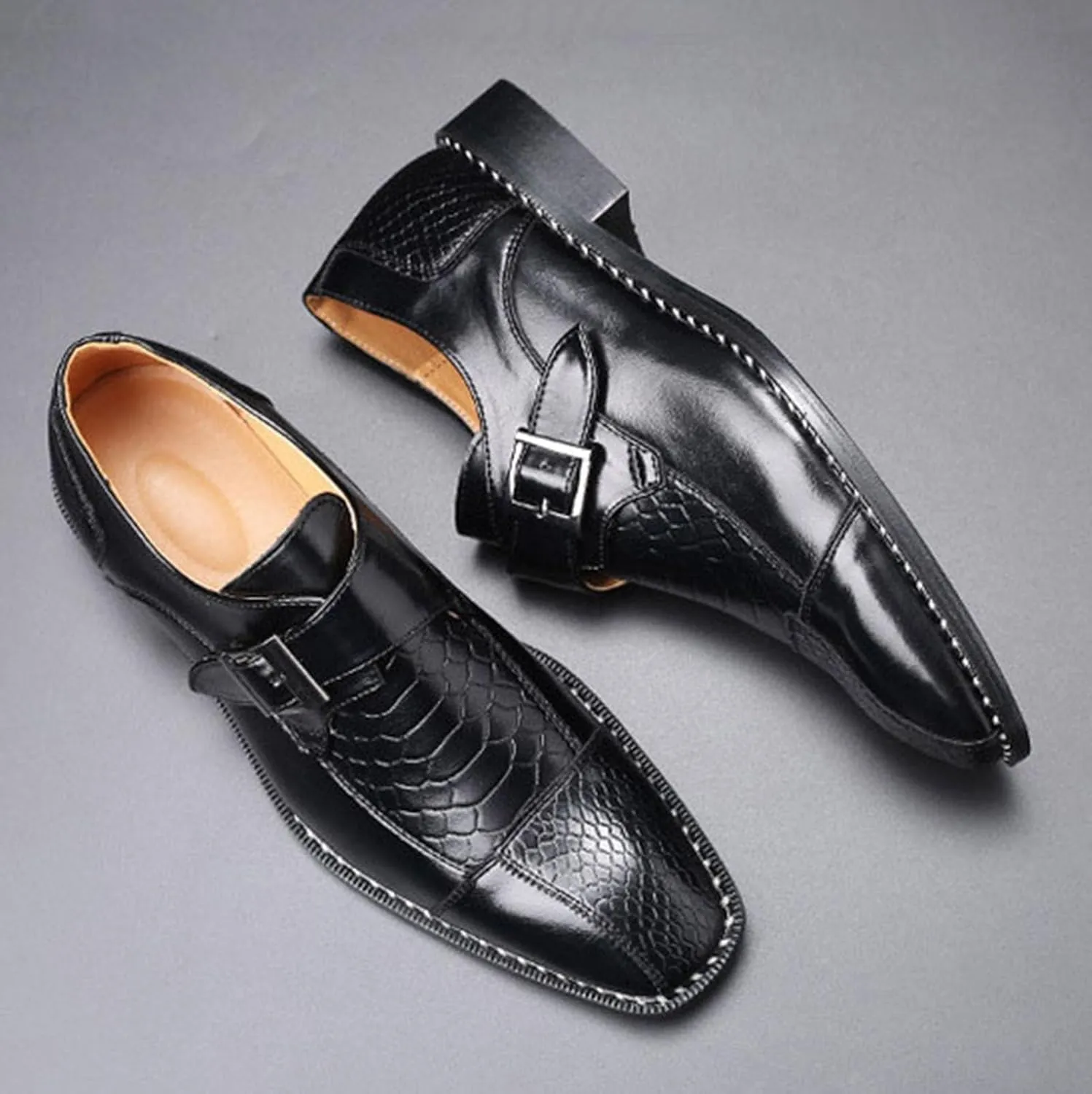 ByErz Men Dress Shoes Buckle Oxford Classic Pointed Toe Modern Formal Leather Shoes for Men